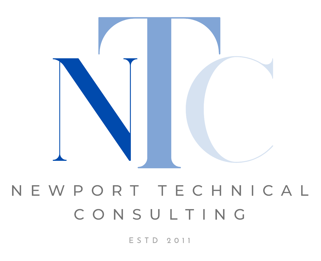 A blue and black logo for newport technical consulting.
