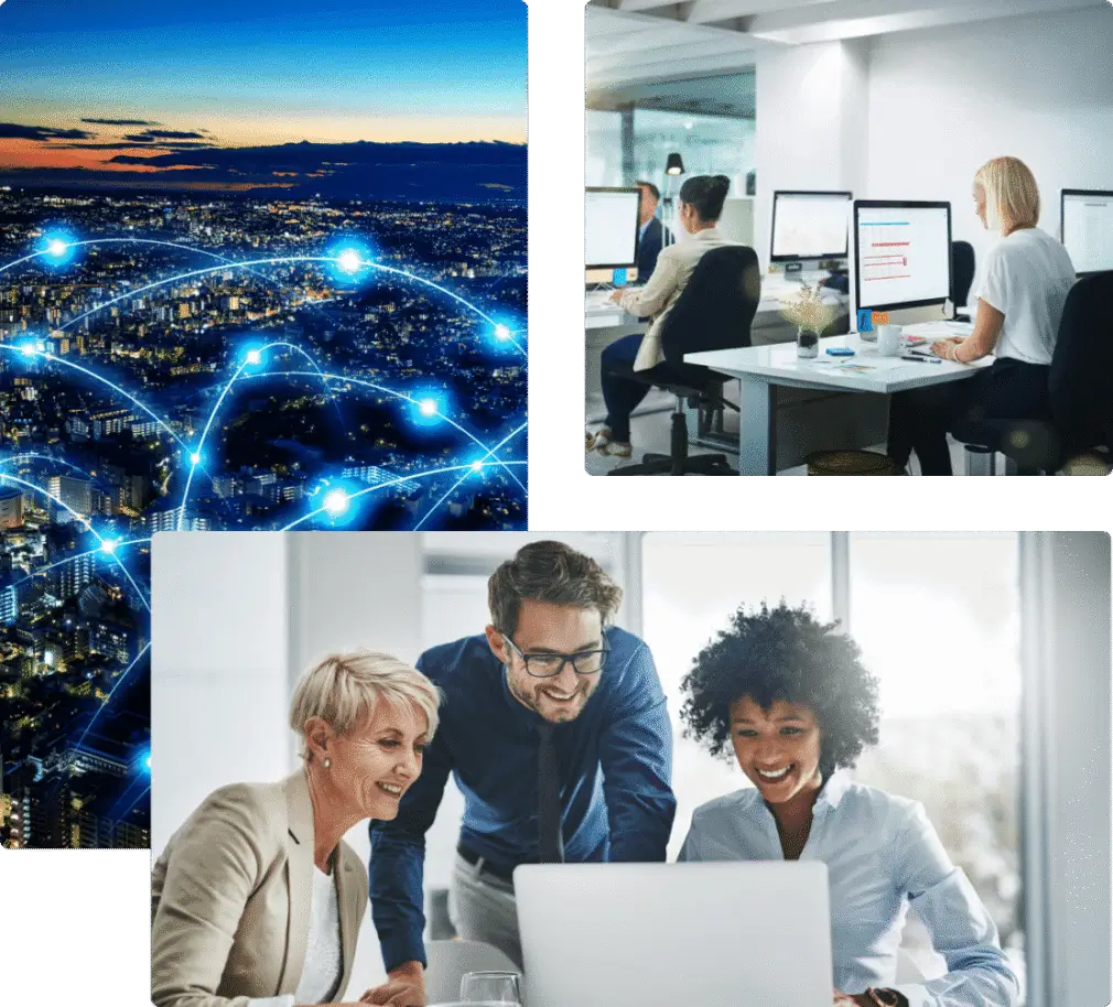 A collage of people working on computers in an office